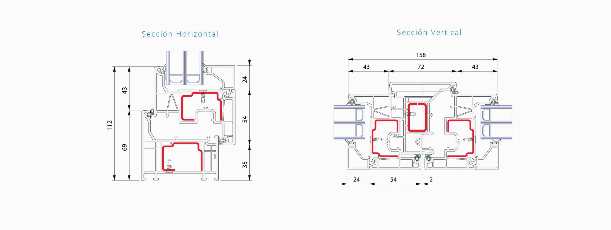 Descripción de la Imagen La imagen muestra dos secciones transversales de un perfil de ventana, etiquetadas como "Sección Horizontal" y "Sección Vertical".  Sección Horizontal La sección horizontal del perfil de la ventana presenta dimensiones verticales y horizontales en milímetros. Las dimensiones verticales son 43 mm, 112 mm, 69 mm, 35 mm y 24 mm. En la parte superior de la sección, hay una estructura que parece un marco con dos compartimentos. En la sección central, se observa un refuerzo de color rojo que probablemente es metálico, mejorando la resistencia. En la parte inferior, se visualizan más compartimentos y estructuras internas. Sección Vertical La sección vertical también muestra las dimensiones en milímetros. Las dimensiones horizontales son 43 mm, 72 mm, 43 mm, 24 mm, 54 mm, 2 mm y 35 mm. Similar a la sección horizontal, hay un marco en la parte superior con dos compartimentos. Se destaca un refuerzo de color rojo en el centro, similar al de la sección horizontal. Las estructuras internas y los compartimentos son visibles en toda la sección. Detalles Adicionales Ambas secciones muestran componentes de aislamiento y refuerzos que mejoran la durabilidad y eficiencia del perfil de la ventana. Las estructuras de color rojo indican refuerzos metálicos que proporcionan resistencia adicional. Los diagramas están etiquetados con dimensiones precisas, sugiriendo un diseño técnico y detallado del perfil. Esta imagen es útil para comprender la estructura y las dimensiones precisas de los perfiles de ventana en cuestión, así como los refuerzos metálicos integrados.