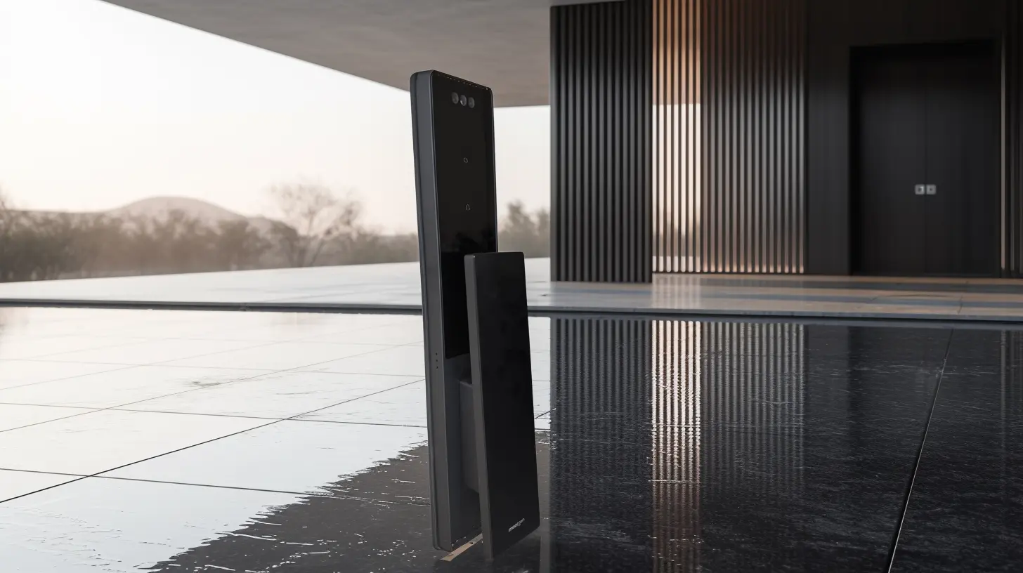 La imagen muestra una cerradura inteligente de diseño elegante y minimalista, ubicada en un entorno contemporáneo con un suelo de baldosas negras brillantes que reflejan el dispositivo. La cerradura tiene un acabado en negro mate y superficies lisas, con detalles tecnológicos visibles en la parte frontal, como sensores o cámaras, y un diseño estilizado que sugiere alta tecnología y funcionalidad.  El fondo es un espacio arquitectónico moderno, con paneles verticales de madera o metal, grandes ventanales y un diseño abierto que permite vistas hacia un paisaje exterior difuminado, posiblemente natural. Este entorno resalta la sofisticación de la cerradura, que parece destinada a integrarse en viviendas de lujo o espacios modernos de alta gama. La luz tenue y los reflejos en el suelo aportan un ambiente de exclusividad al conjunto.