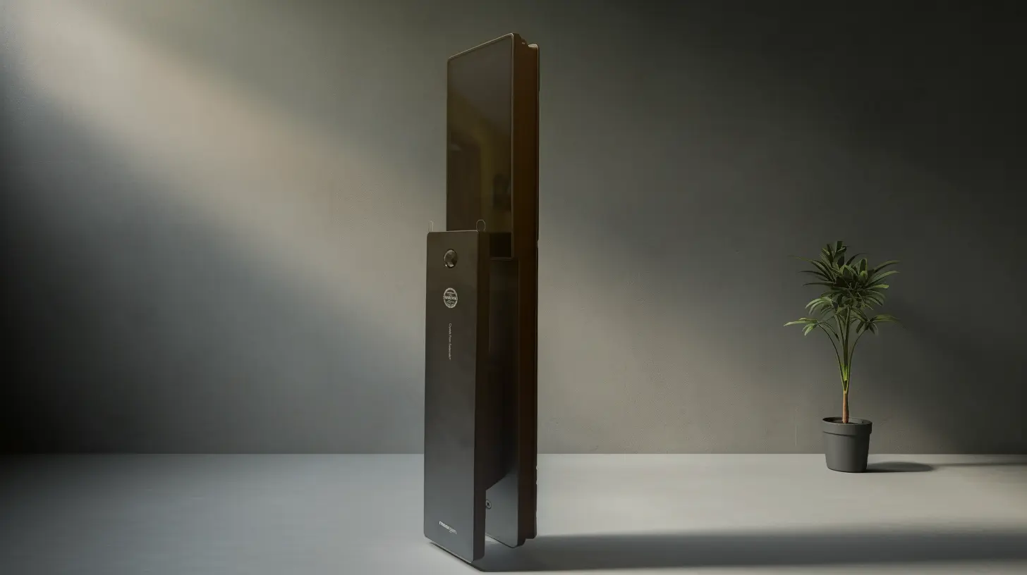 La imagen presenta una cerradura inteligente con diseño minimalista y sofisticado, ubicada en un ambiente tranquilo y moderno. El dispositivo tiene un acabado en negro mate con bordes limpios y detalles tecnológicos como un lector biométrico circular y el logotipo de la marca "moorgen" en su panel frontal. Su estética denota alta tecnología y funcionalidad.  El fondo es un espacio interior sobrio con paredes grises y un suelo liso, complementado por una planta en maceta que añade un toque natural al entorno. La iluminación suave, proveniente de un ángulo lateral, genera un contraste sutil entre las sombras y los reflejos del dispositivo, destacando su diseño elegante en un contexto contemporáneo y equilibrado.