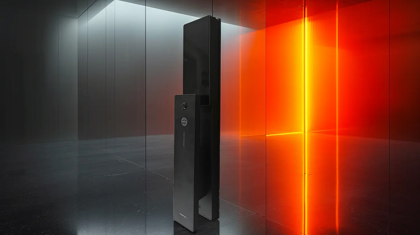 La imagen muestra una cerradura inteligente de diseño minimalista y moderno, situada en un espacio futurista con un contraste dramático de luces. El dispositivo, en un elegante acabado negro mate, está colocado frente a un fondo de vidrio con una iluminación ambiental que combina tonos oscuros y un intenso resplandor naranja, creando una atmósfera sofisticada y tecnológica.  En el panel principal de la cerradura se observan detalles como un sensor circular, que podría ser un lector biométrico, y el logotipo de la marca "moorgen" acompañado de texto relacionado con sus capacidades tecnológicas. El suelo y el vidrio reflejan la cerradura, destacando su diseño estilizado y su integración en un ambiente vanguardista. Este escenario transmite exclusividad y funcionalidad avanzada, ideal para entornos contemporáneos o residencias inteligentes.