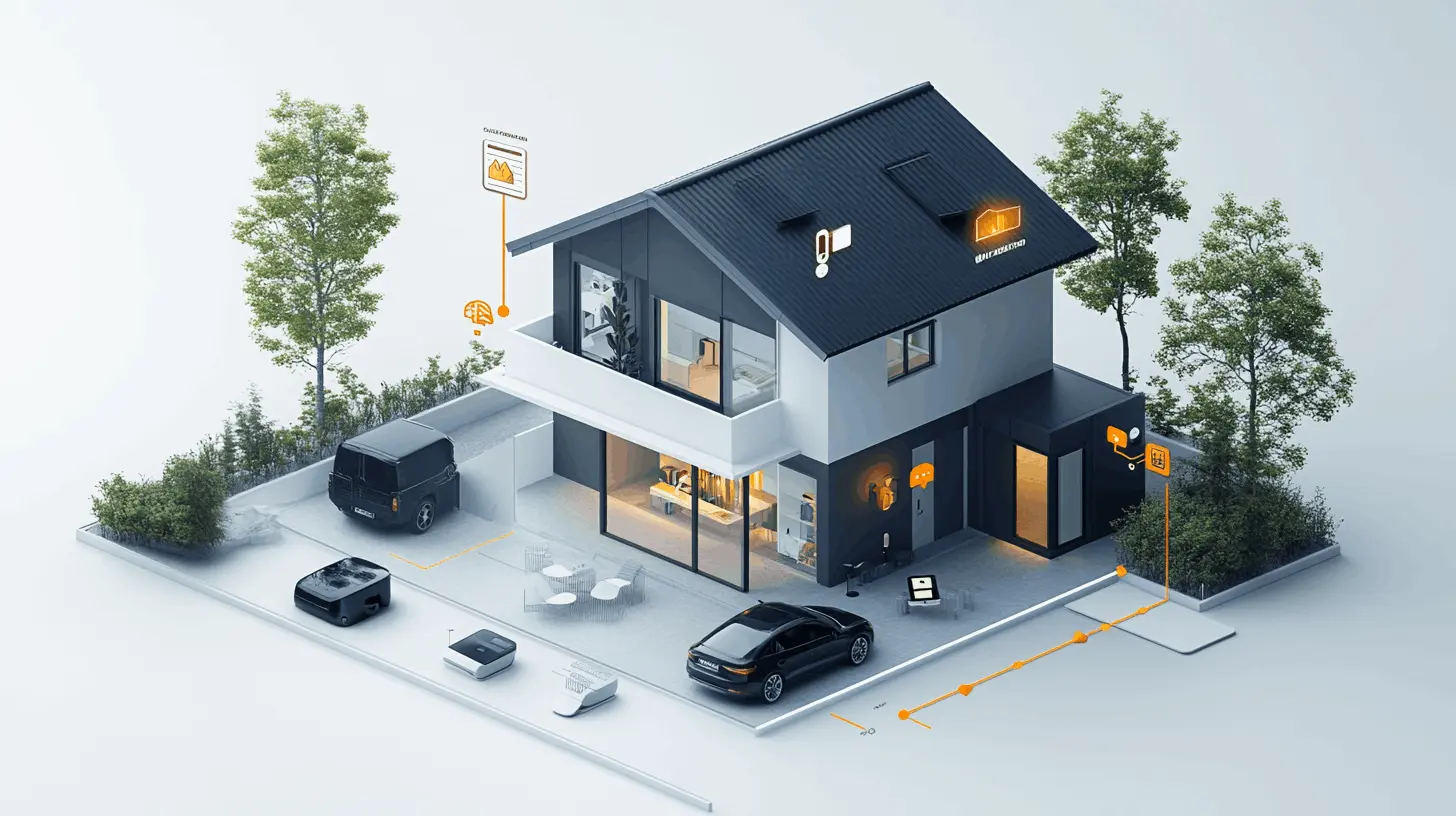 Esta imagen muestra una representación isométrica 3D de una casa moderna inteligente con varios elementos de seguridad y automatización. La casa tiene un diseño contemporáneo con un techo a dos aguas, combinando colores blanco y gris oscuro en su exterior.  En la propiedad se pueden observar: - Dos vehículos: una furgoneta negra bajo el carport y un sedán negro en el camino de entrada - Varios dispositivos de seguridad y sensores distribuidos por la propiedad, indicados con iconos y líneas naranjas - Mobiliario exterior como sillas y mesas - Vegetación estratégicamente ubicada alrededor de la casa, incluyendo árboles altos y arbustos - Grandes ventanales y puertas corredizas de cristal que muestran iluminación interior cálida  La imagen parece estar diseñada para mostrar un sistema de seguridad doméstica integrado, con varios puntos de control y monitoreo señalados por los iconos naranjas. La iluminación y el estilo de renderizado crean una atmósfera moderna y tecnológica, mientras mantienen un aspecto acogedor y residencial.  La vista isométrica permite ver claramente tanto el exterior como parte del interior de la casa, así como la disposición de los elementos de seguridad en toda la propiedad.