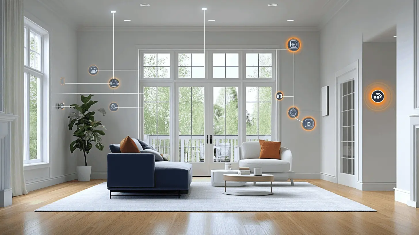 Esta imagen muestra un elegante living room o sala de estar moderna equipada con tecnología inteligente, como lo indican varios iconos de sensores y dispositivos marcados con círculos naranjas y líneas conectoras.  El espacio está decorado en un estilo minimalista y contemporáneo con: - Un sofá seccional azul marino - Una silla tipo lounge blanca - Una mesa de centro circular con base metálica - Una alfombra gris clara sobre piso de madera clara - Cojines decorativos en tono naranja que complementan tanto el sofá como la silla - Una planta grande en maceta blanca en la esquina  La habitación tiene abundante luz natural gracias a grandes ventanales y puertas francesas que dan a lo que parece ser un balcón o terraza. Las paredes son blancas y hay molduras clásicas tanto en el techo como en los zócalos.  Los iconos superpuestos en la imagen sugieren varios elementos de domótica y seguridad integrados en el espacio, como sensores de movimiento, cámaras, controles de temperatura y otros dispositivos de automatización del hogar, todos aparentemente conectados en un sistema integrado.  La combinación de elementos arquitectónicos tradicionales con tecnología moderna crea un ambiente sofisticado y funcional.