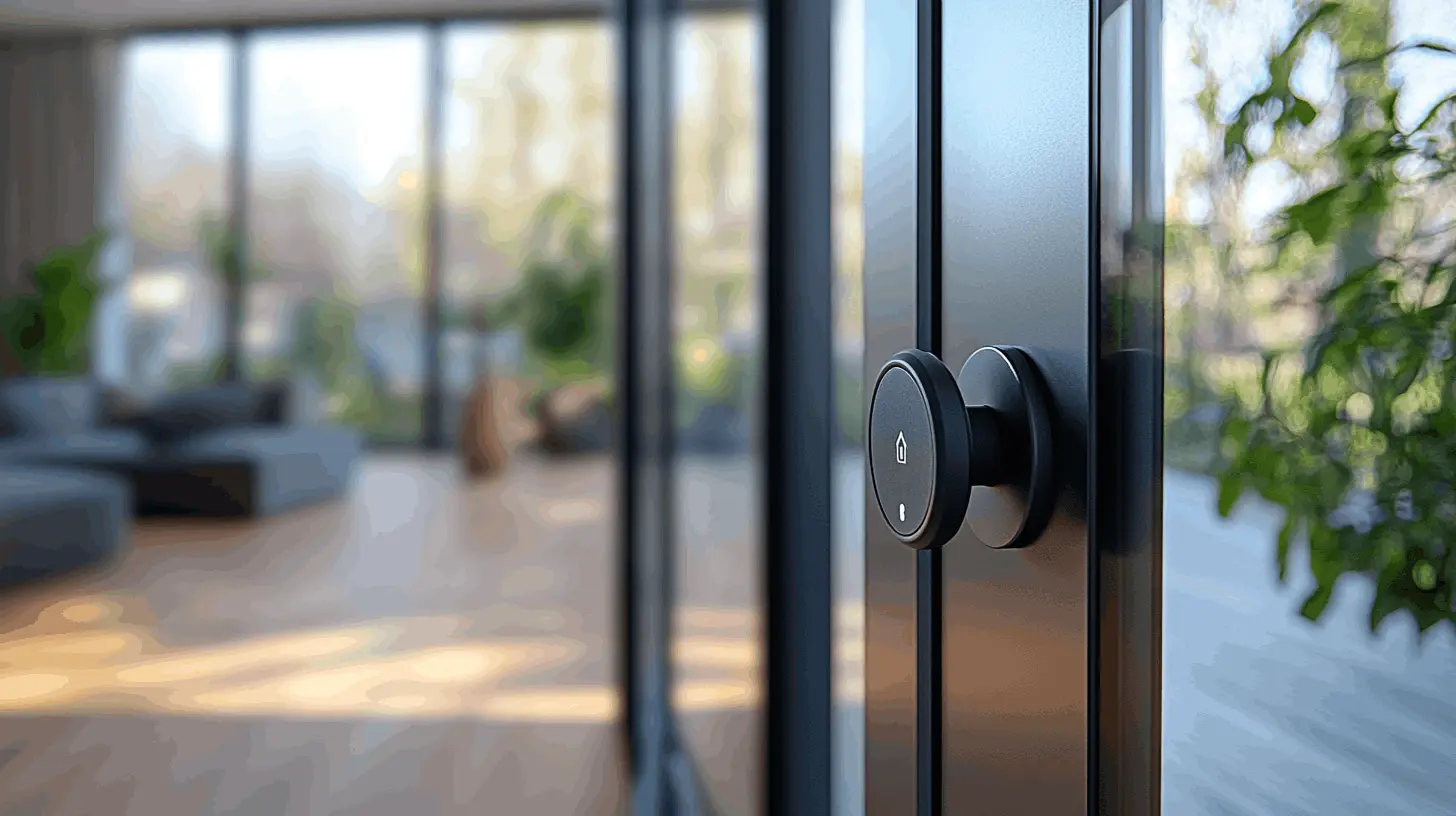 La imagen muestra un primer plano de una cerradura o manija inteligente de diseño minimalista en color negro mate. El dispositivo tiene forma circular y parece estar montado en una puerta o marco de vidrio oscuro. Se puede distinguir un pequeño icono de casa o llave en la superficie del dispositivo.  En el fondo, desenfocado, se puede ver un espacio interior moderno con grandes ventanales, suelo de madera y algunos muebles. La iluminación natural entra por los ventanales, creando un efecto de luz suave y cálida en el interior. También se pueden ver algunas plantas o vegetación a través del vidrio.  La composición de la fotografía utiliza una profundidad de campo reducida, manteniendo el dispositivo de la cerradura nítidamente enfocado mientras difumina suavemente el fondo, lo que crea un efecto visual elegante y profesional que destaca el producto principal.  El diseño general sugiere una integración perfecta entre la tecnología de seguridad moderna y la arquitectura contemporánea del espacio.