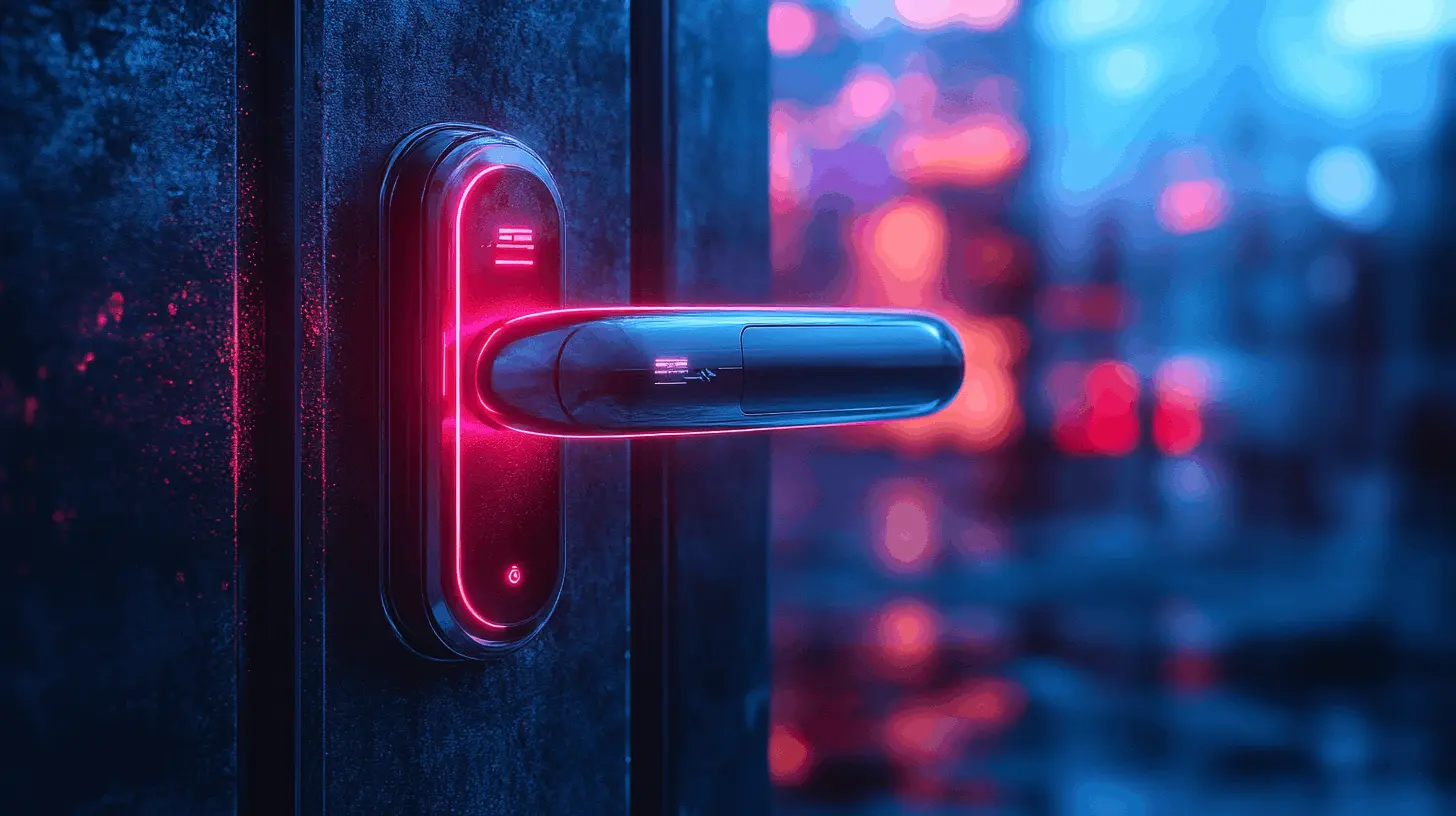 Esta imagen muestra una cerradura o manija de puerta moderna con un diseño futurista. La manija tiene un acabado metálico oscuro y está iluminada con luz LED de color rojo neón que resalta sus contornos. En la base de la cerradura hay lo que parece ser un pequeño indicador LED o sensor.  El ambiente general de la imagen tiene una estética cyberpunk, con una combinación dramática de colores azules y rojos. El fondo está desenfocado (efecto bokeh) con puntos de luz difusos en tonos rojos y azules, lo que crea una atmósfera nocturna y urbana.  La superficie donde está montada la cerradura parece ser una puerta o pared con una textura ligeramente granulada o texturizada. La imagen está tomada con una profundidad de campo reducida, lo que hace que la cerradura esté nítidamente enfocada mientras el fondo se mantiene artísticamente borroso.  La composición y la iluminación crean un ambiente muy cinematográfico y futurista, típico de la estética sci-fi moderna.