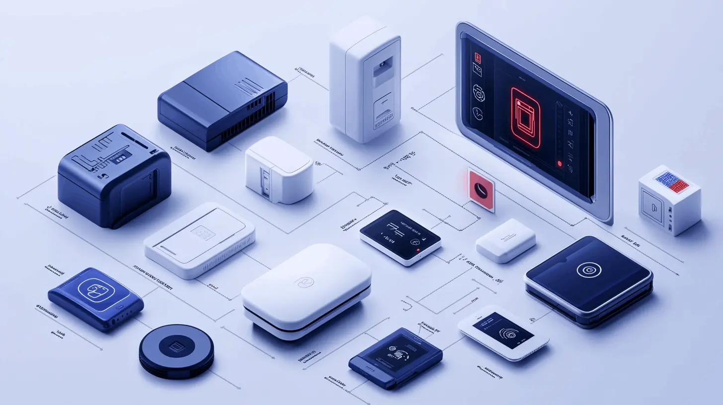 Esta imagen muestra un diagrama isométrico de varios dispositivos electrónicos de seguridad y control de acceso interconectados. Los dispositivos están presentados en un estilo limpio y minimalista, con una paleta de colores que alterna entre azul marino y blanco.  Los dispositivos incluyen varios tipos de lectores, controladores, sensores y lo que parece ser una pantalla o tablet más grande. Están dispuestos en una cuadrícula con líneas finas que los conectan, sugiriendo cómo interactúan entre sí en un sistema integrado.  El diseño tiene un aspecto técnico y profesional, con cada dispositivo representado en 3D y con sombras suaves que dan profundidad a la composición. El fondo es de un tono gris claro que contrasta bien con los dispositivos.  La presentación sugiere que esto podría ser un diagrama de un sistema de seguridad o control de acceso inteligente, donde múltiples dispositivos trabajan en conjunto como parte de una solución integrada.  La imagen tiene un acabado suave y profesional, con una iluminación que da un tono azulado general a toda la composición, creando una estética cohesiva y tecnológica.