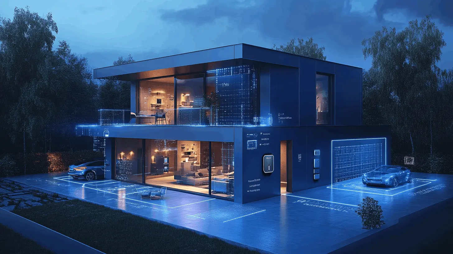 Esta imagen muestra una casa moderna de dos pisos con un diseño minimalista y futurista, presentada en una escena nocturna con iluminación dramática. La visualización combina elementos arquitectónicos reales con superposiciones digitales holográficas en azul neón que sugieren sistemas de seguridad y automatización inteligente.  Características principales: - Arquitectura contemporánea de líneas limpias y forma cúbica - Grandes ventanales y puertas corredizas de cristal - Iluminación interior cálida que contrasta con los elementos holográficos azules exteriores - Dos autos deportivos estacionados, uno bajo techo y otro en el exterior - Superposiciones digitales que muestran cuadrículas, líneas y símbolos tecnológicos - Un dispositivo de control montado en la pared exterior (posiblemente un panel de seguridad)  El exterior está rodeado por árboles y vegetación, creando un fondo oscuro natural que hace resaltar la iluminación tecnológica. Las superposiciones holográficas azules parecen representar zonas de seguridad, puntos de acceso y sistemas de control automatizado.  La imagen transmite una visión futurista de una casa inteligente donde la tecnología y la arquitectura se integran perfectamente, creando un ambiente que combina comodidad moderna con seguridad avanzada.