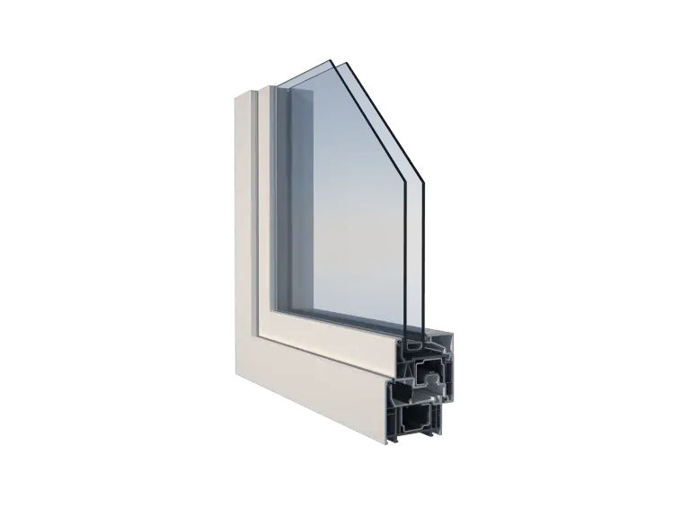 La imagen muestra un corte transversal de una ventana llamada visionECO. La estructura incluye un marco de perfil en forma de "L" hecho de material plástico o PVC, con múltiples cámaras internas para mejorar el aislamiento térmico y acústico. La ventana presenta un doble acristalamiento, con dos paneles de vidrio separados por un espacio de aire, lo que contribuye a sus propiedades aislantes. El diseño incluye juntas de sellado para asegurar la hermeticidad y evitar filtraciones de aire y agua.