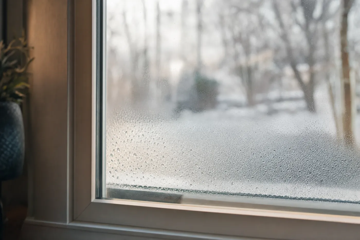 Condensación en el cristal interior de una ventana con gotas de agua y vaho en una mañana de invierno