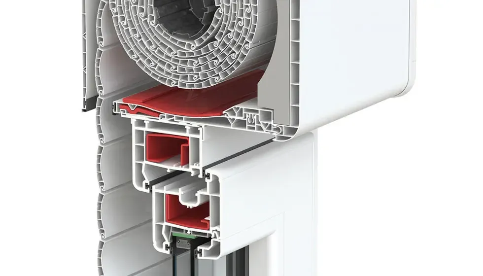 Ventana oscilobatiente de PVC con cajón de persiana monoblock integrado, sección del conjunto