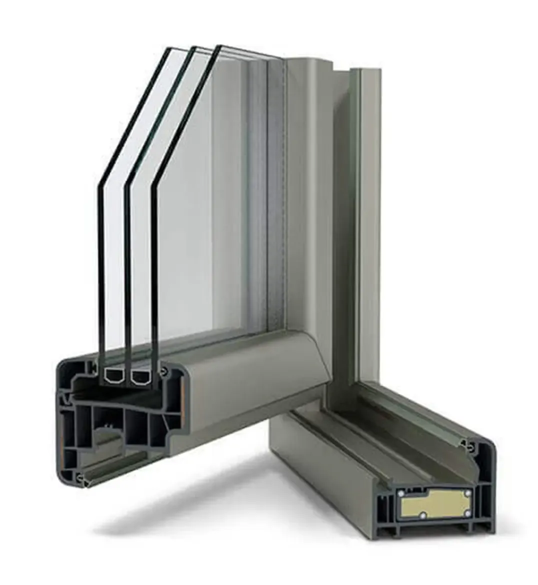 Esquina de una ventana de PVC con triple acristalamiento y acabado en color