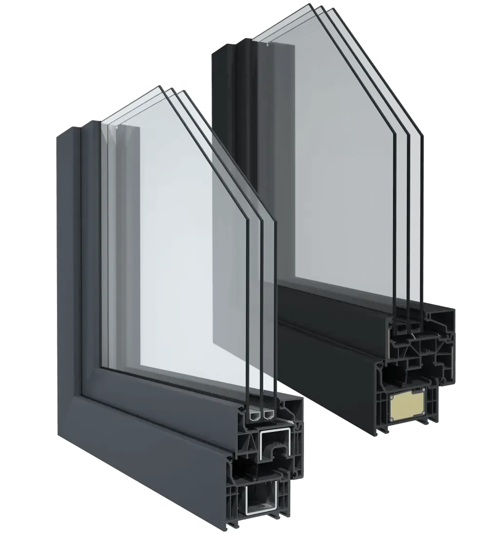 Secció de perfils de PVC Elegant Infinity amb triple envidrament i baix valor Uf
