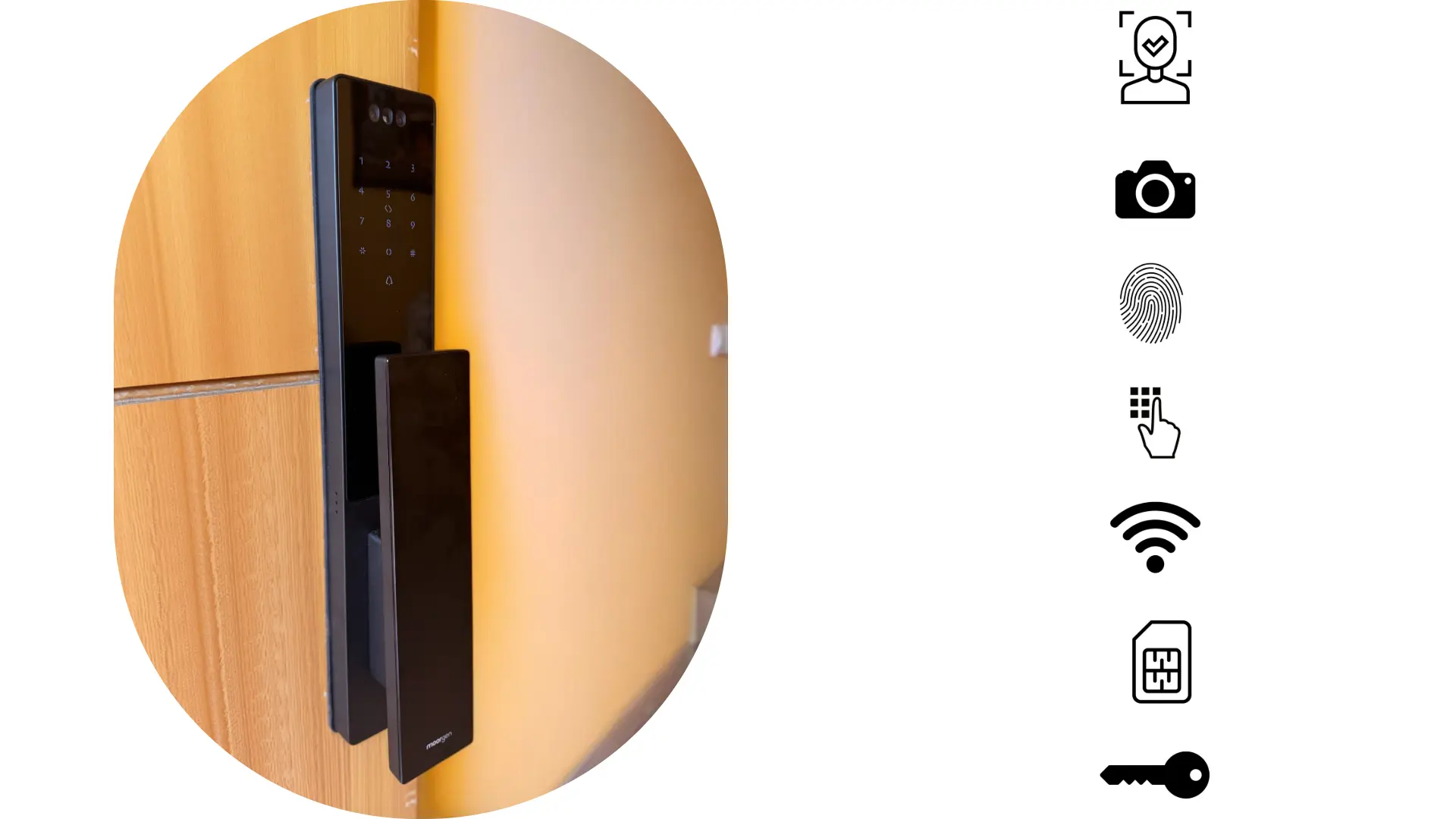 Pany Moorgen T5+ instal·lat en una porta de fusta amb els icones de les seves funcions