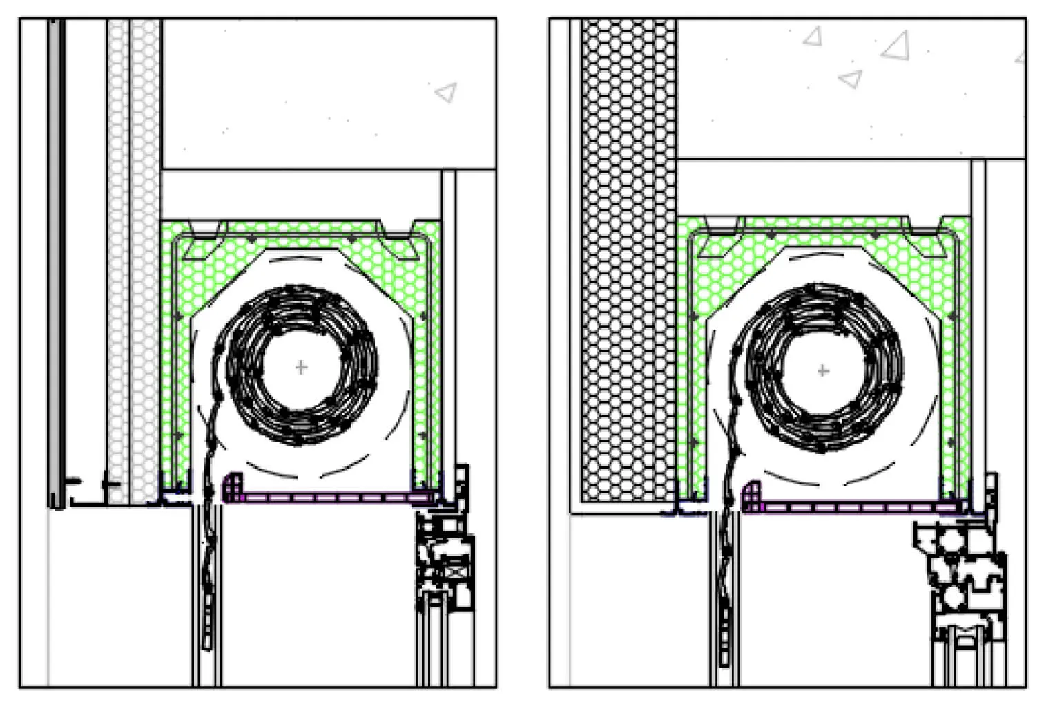 Detalle de sección del COMPACTBOX integrado en fachada con aislamiento térmico por el exterior