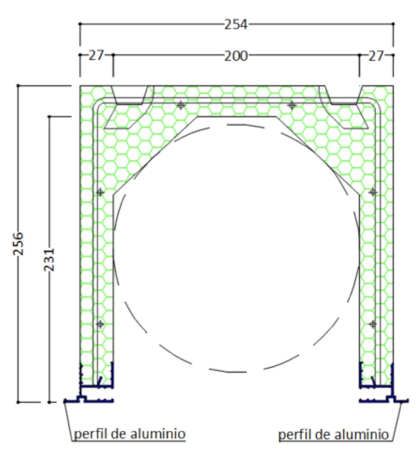 Sección acotada del cajón COMPACTBOX: 254 mm de anchura, 256 de altura y núcleo de EPS con perfil de aluminio