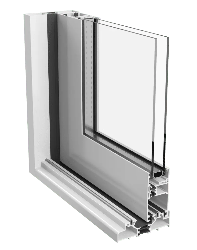 Detalle constructivo del sistema corredera elevable Renova CO RPT 100 mostrando uniones y perfiles técnicos