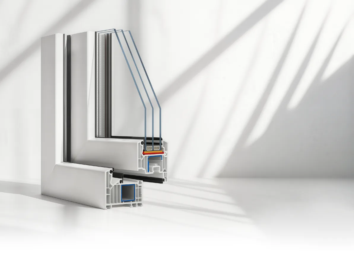 Secció de la finestra de PVC oscilobatent de 82 mm: perfil de 7 cambres i triple vidre de gamma Passivhaus