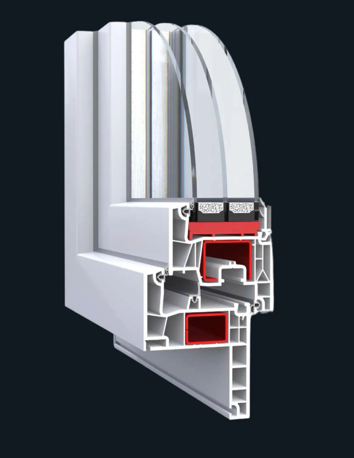 Detall constructiu del perfil de PVC de 76 mm amb 5 cambres i reforç intern d'acer