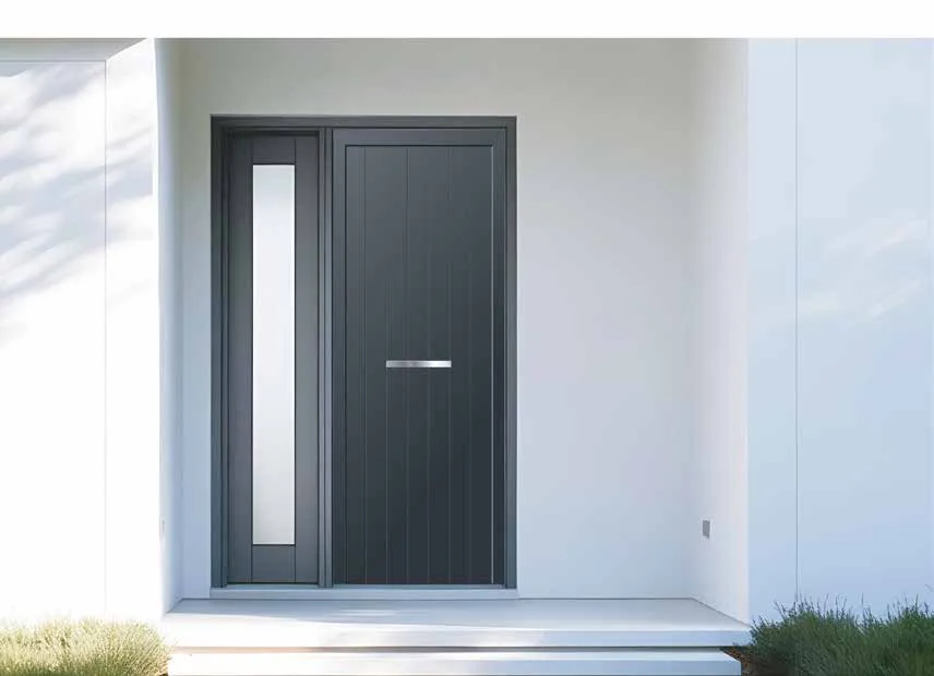 Porta d'entrada REFINE en antracita amb fix lateral de vidre instal·lada en una façana blanca