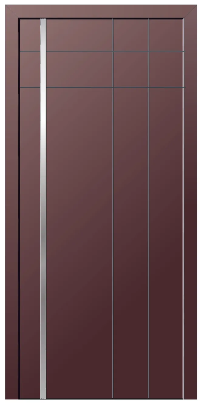 Porta d'entrada REFINE personalitzada en bordeus amb graella superior i línies horitzontals