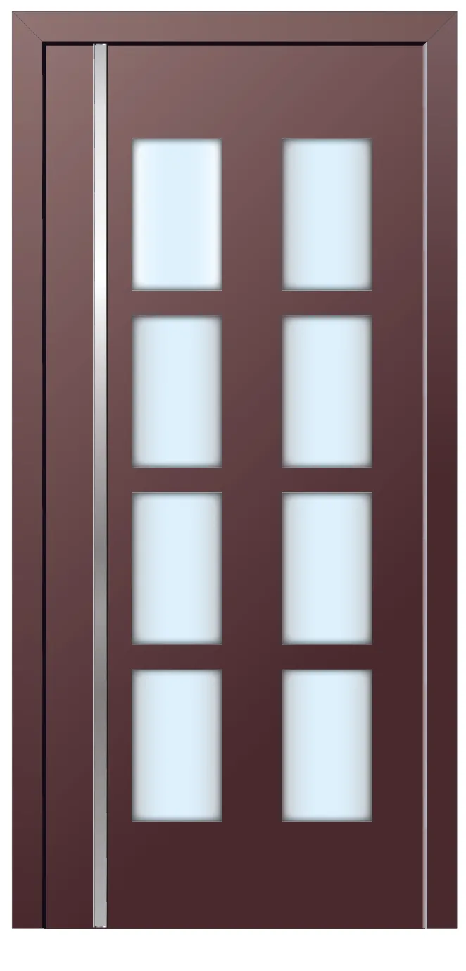 Porta d'entrada REFINE personalitzada en bordeus amb composició de vuit vidres decoratius