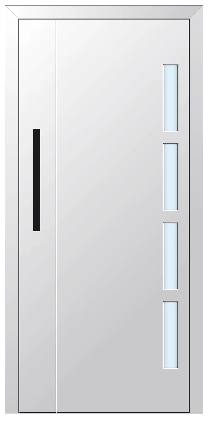 Porta d'entrada REFINE personalitzada en blanc amb quatre vidres verticals esglaonats