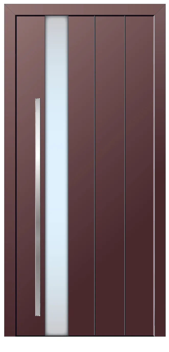 Porta d'entrada REFINE personalitzada en bordeus amb vidre vertical i línies fresades