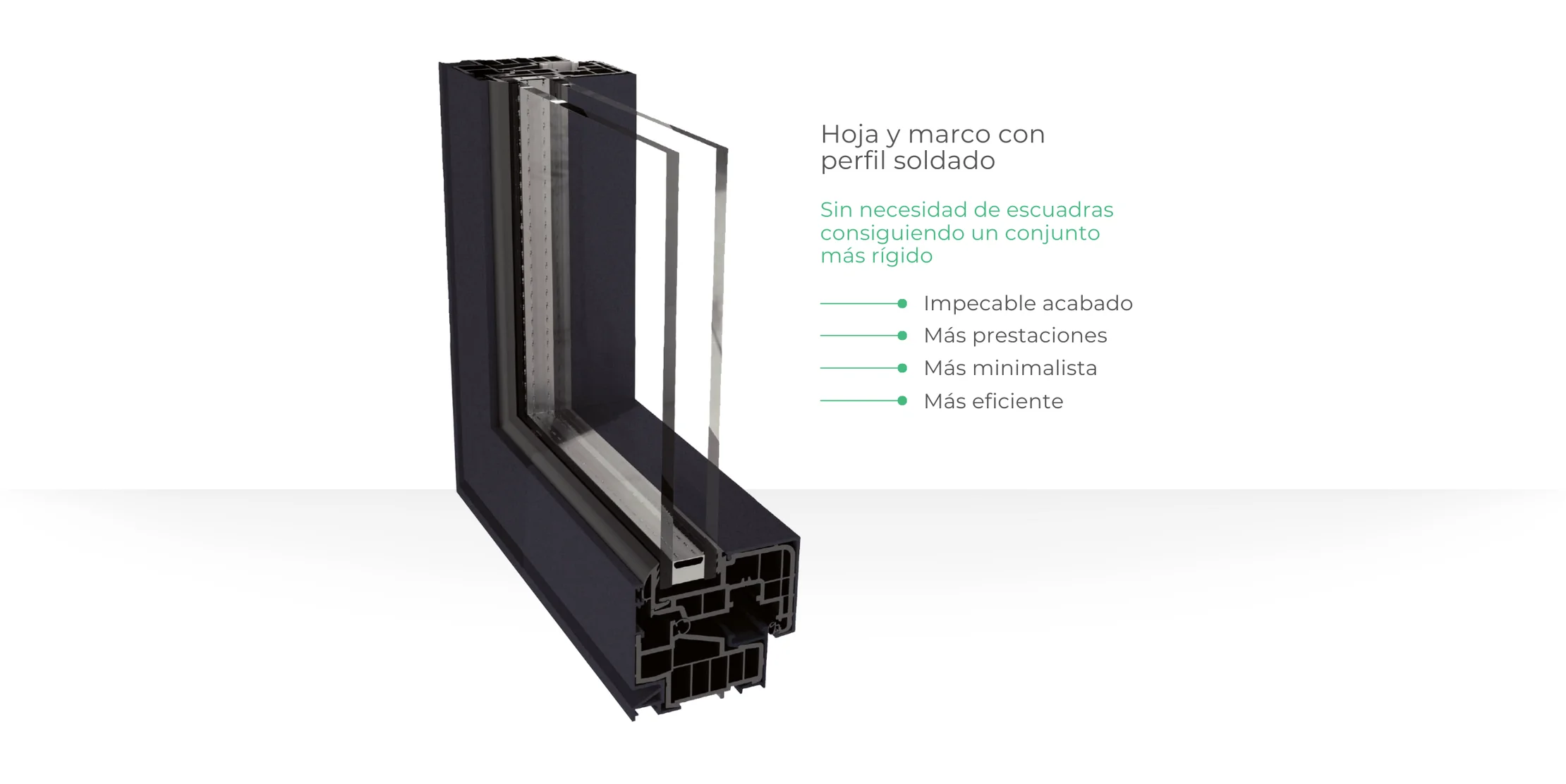 Seccio transversal del perfil hibrid integrat REFINE amb alumini, PVC reciclat i escuma PUR