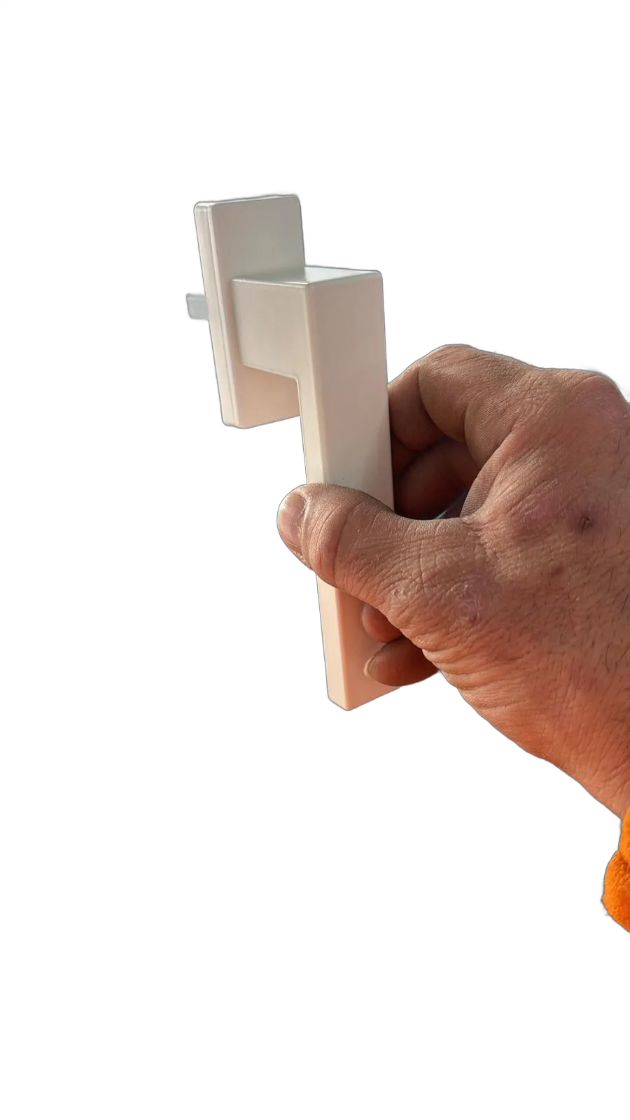 Maneta quadrada de forma recta en blanc sostinguda amb la mà sobre fons clar