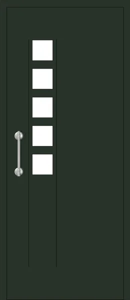 Panel de puerta de aluminio Cala Bona: cinco cuadrados de vidrio en columna, junto al tirador, con dos ranuras verticales.