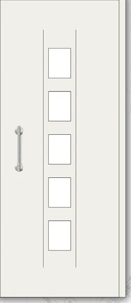 Panel de puerta de aluminio Es Castell: cinco cuadrados de vidrio en columna en el centro, entre dos ranuras verticales.