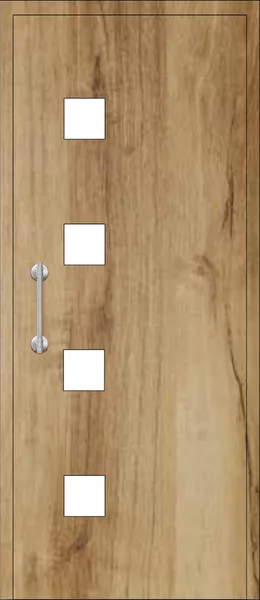Panel de puerta de aluminio Margarida: cuatro cuadrados de vidrio espaciados de arriba abajo, sobre acabado imitación madera.