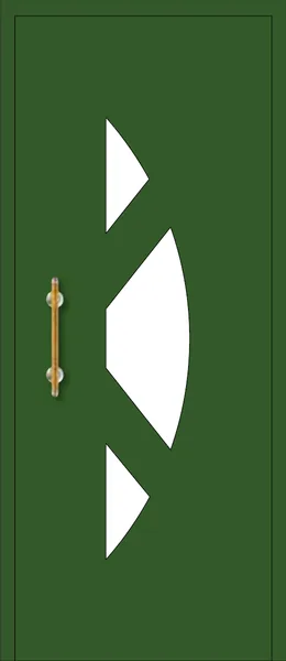 Panel de puerta de aluminio Montjoi: tres vidrios de formas curvas que dibujan una figura en el centro de la puerta.