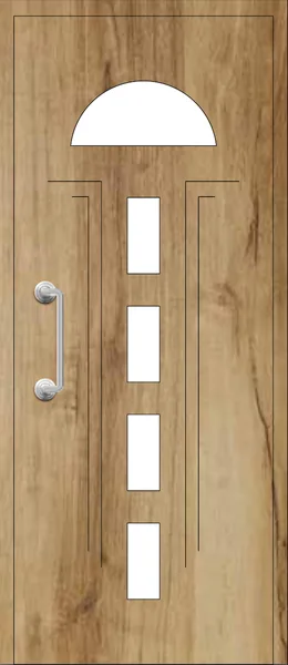 Panel de puerta de aluminio Sa Conca: media luna de vidrio y cuatro vidrios rectangulares en columna, sobre imitación madera.