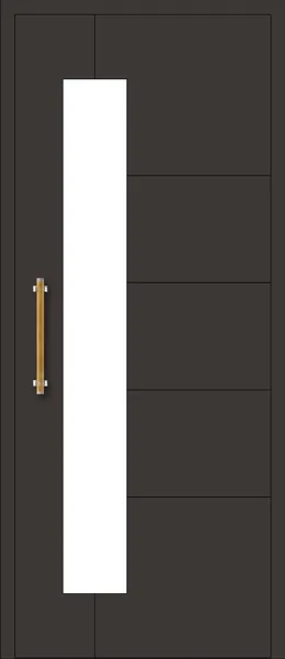 Panel de puerta de aluminio S'Alguer: una franja de vidrio vertical, ancha, y ranuras horizontales al otro lado.