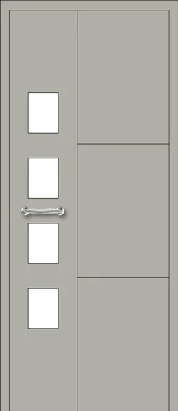 Panel de puerta de aluminio Sant Pol: cuatro cuadrados de vidrio en una franja lateral y el lado de la cerradura partido en tres.