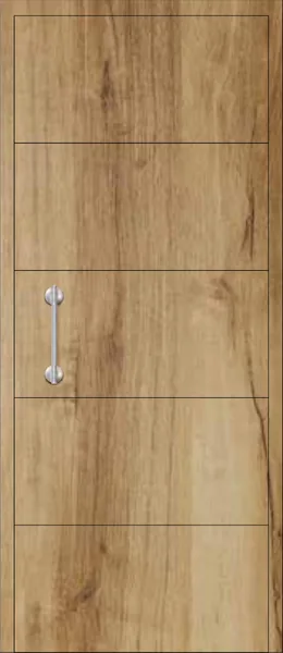 Panel de puerta de aluminio Tamariu: imitación madera con cuatro ranuras horizontales.