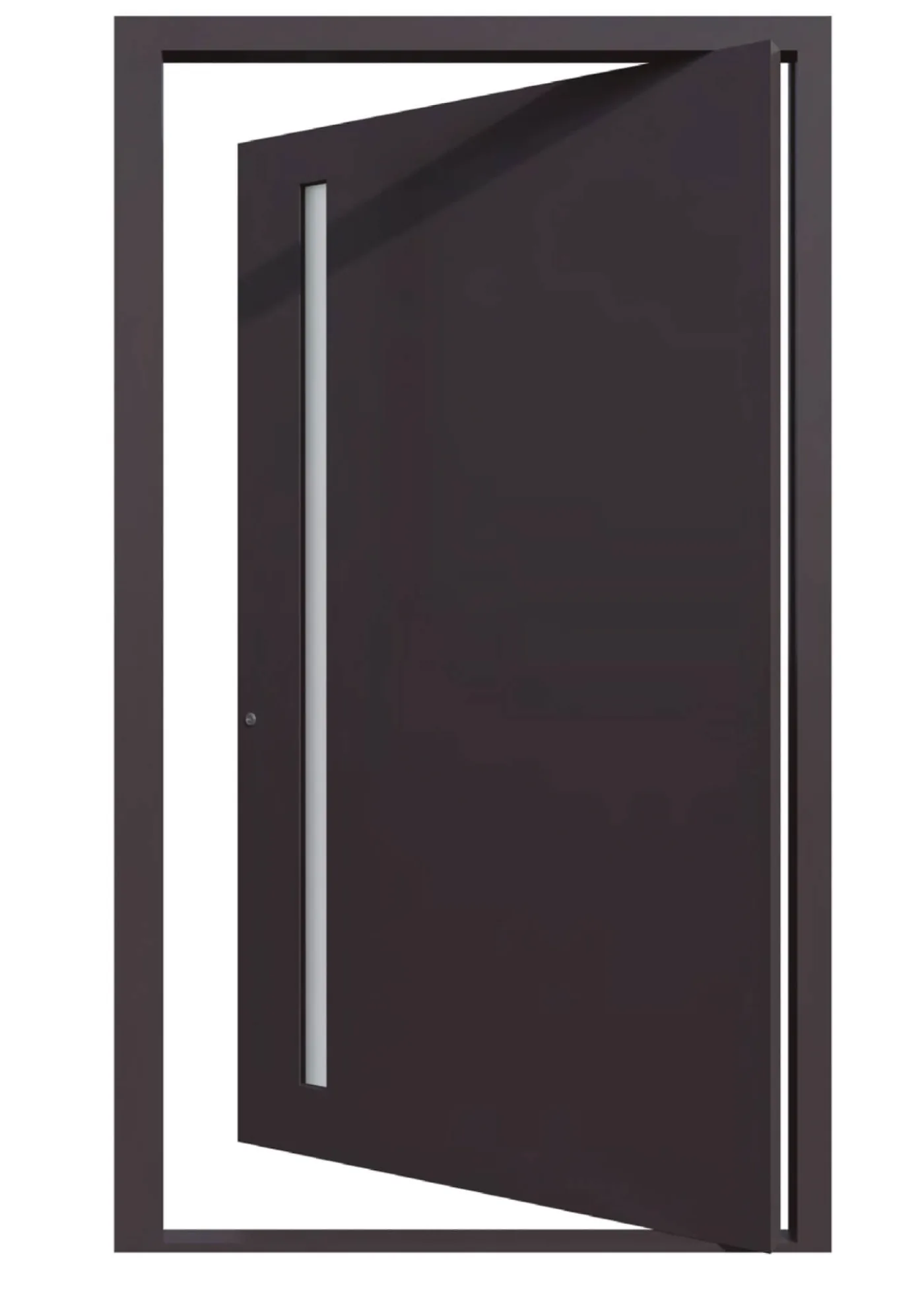 Puerta de entrada de aluminio antracita con franja de vidrio vertical y tirador de inox
