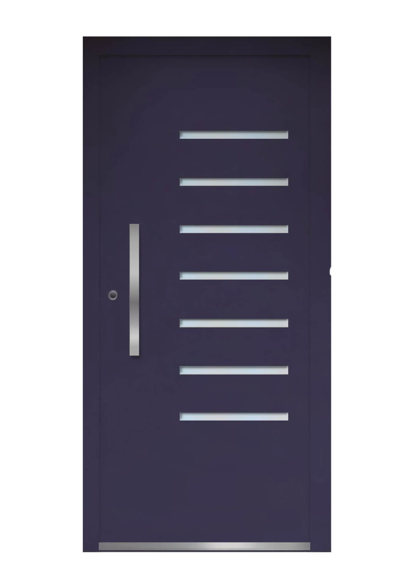 Puerta de aluminio de hoja oculta en azul oscuro con siete vidrieras horizontales