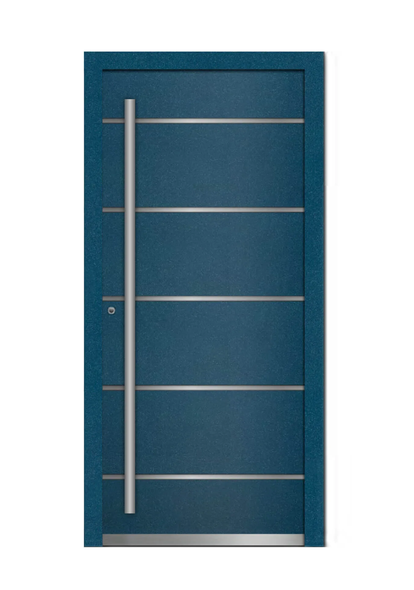 Puerta de aluminio de hoja oculta en azul petróleo con lamas horizontales de inox y fijo lateral