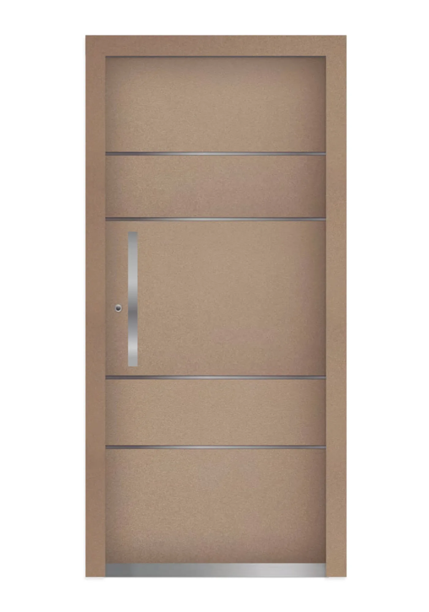 Puerta de entrada de aluminio color arena con perfiles de inox horizontales