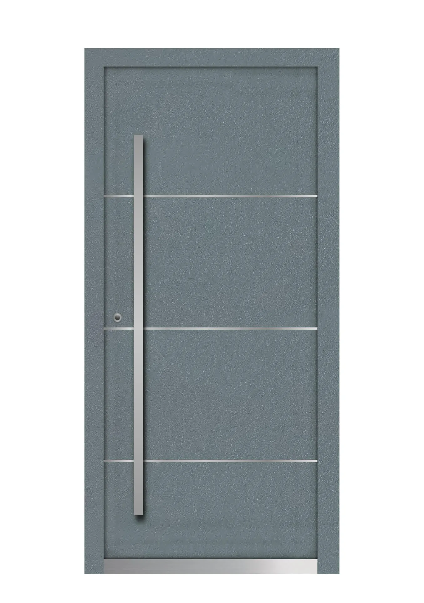 Puerta de aluminio de hoja oculta en gris texturado con lamas de inox cruzadas