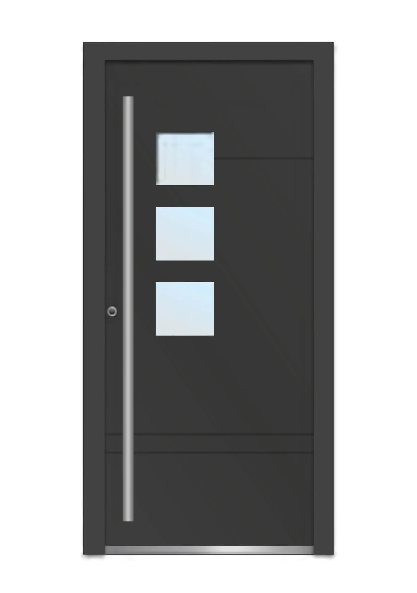 Puerta de entrada de aluminio de hoja oculta en antracita con tres vidrios cuadrados (Triple Glass)