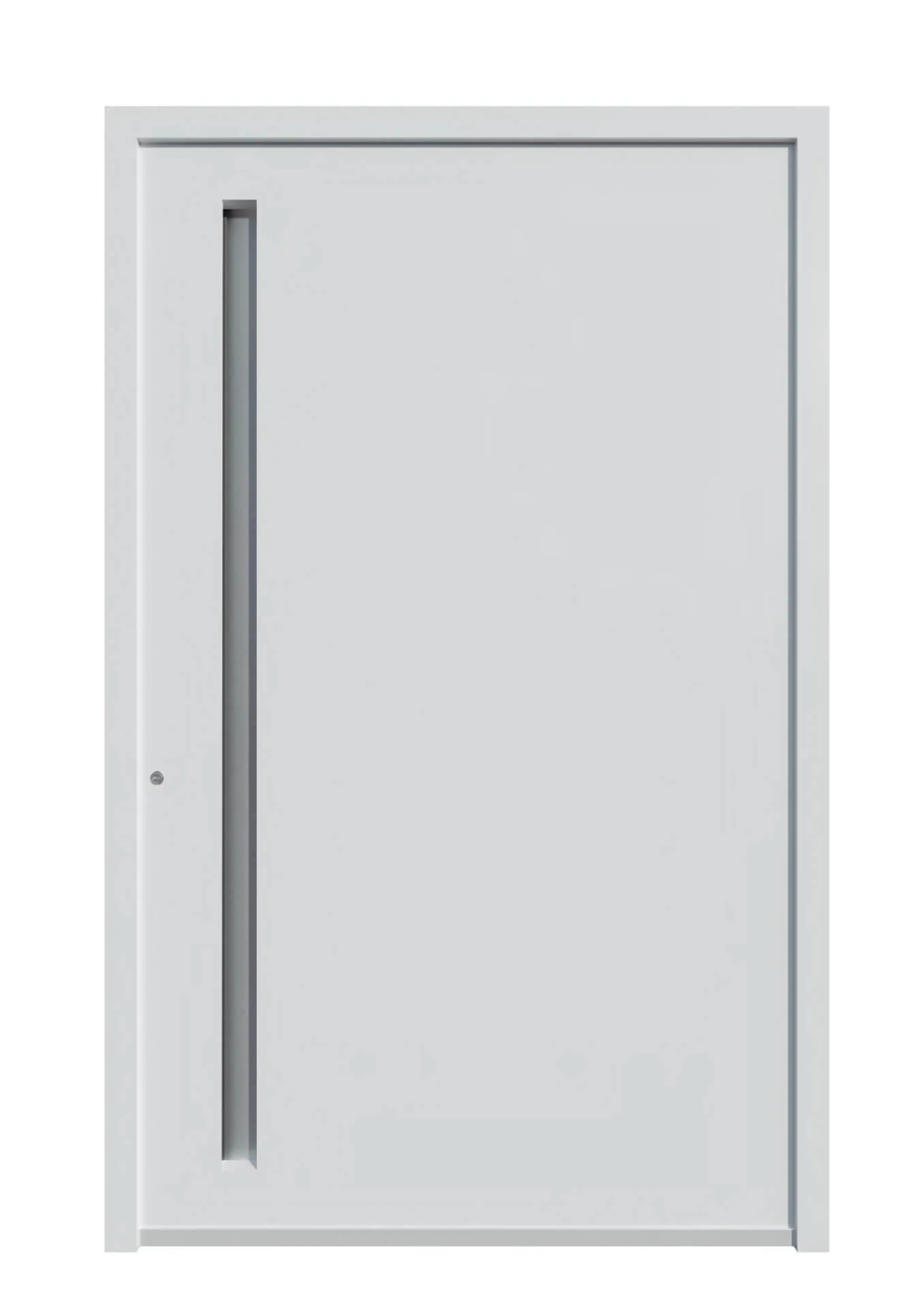 Puerta de entrada de aluminio de hoja oculta de color blanco con manilla empotrada