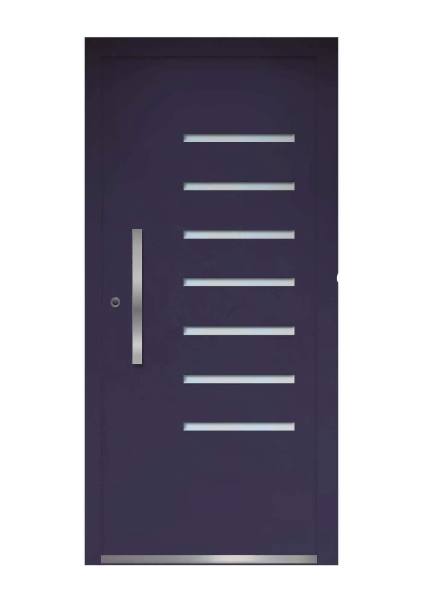 Puerta de aluminio azul marino con franjas de vidrio translúcido y tirador de inox