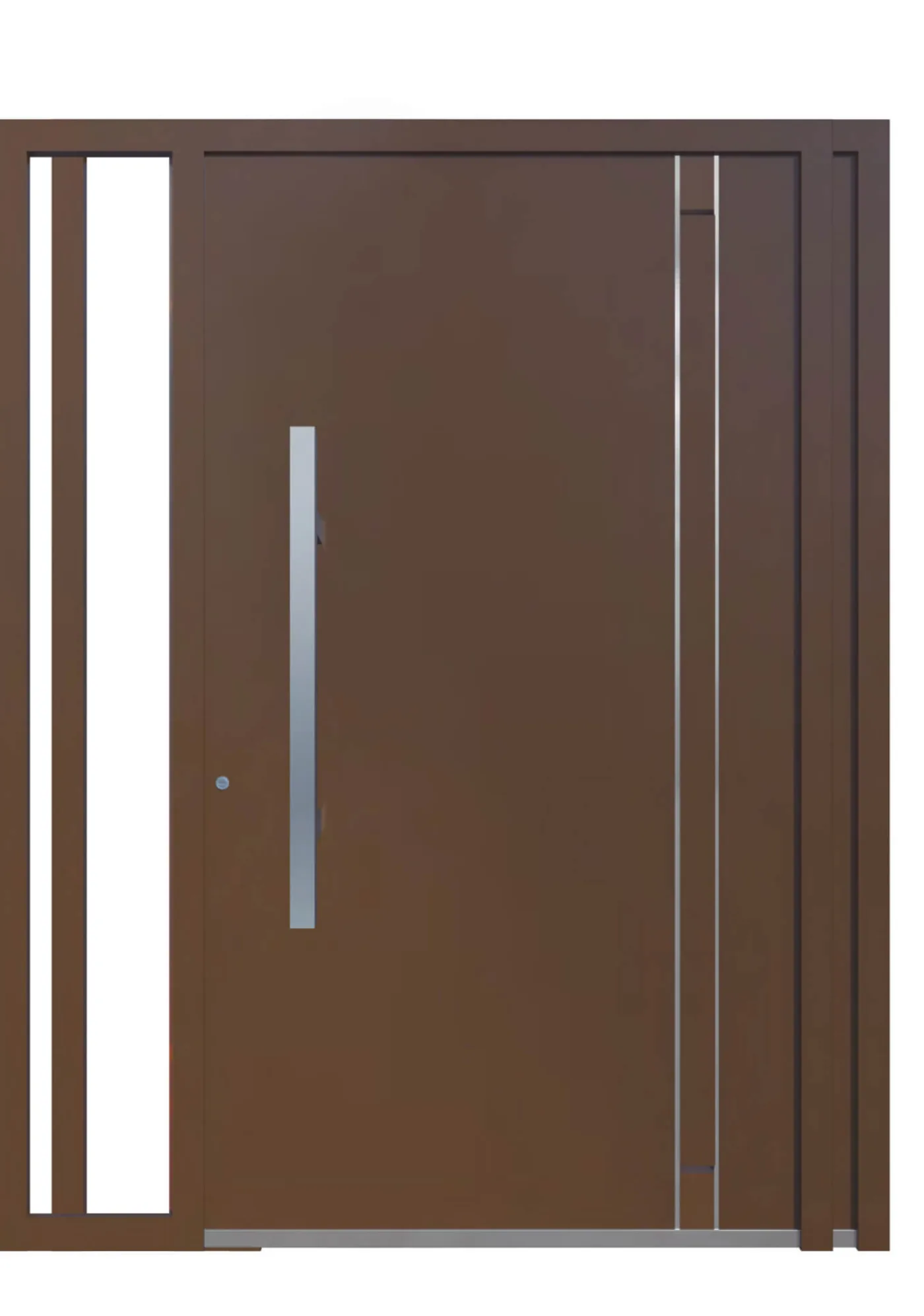 Puerta de aluminio marrón con fijo lateral de vidrio y tirador de inox
