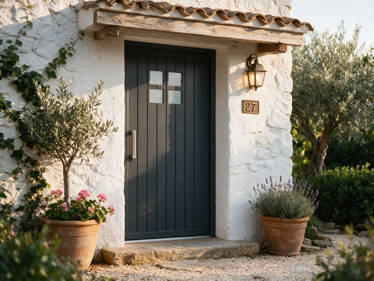 Puerta de entrada de PVC con panel LIDO 11 en gris antracita en una casa encalada del Empordà