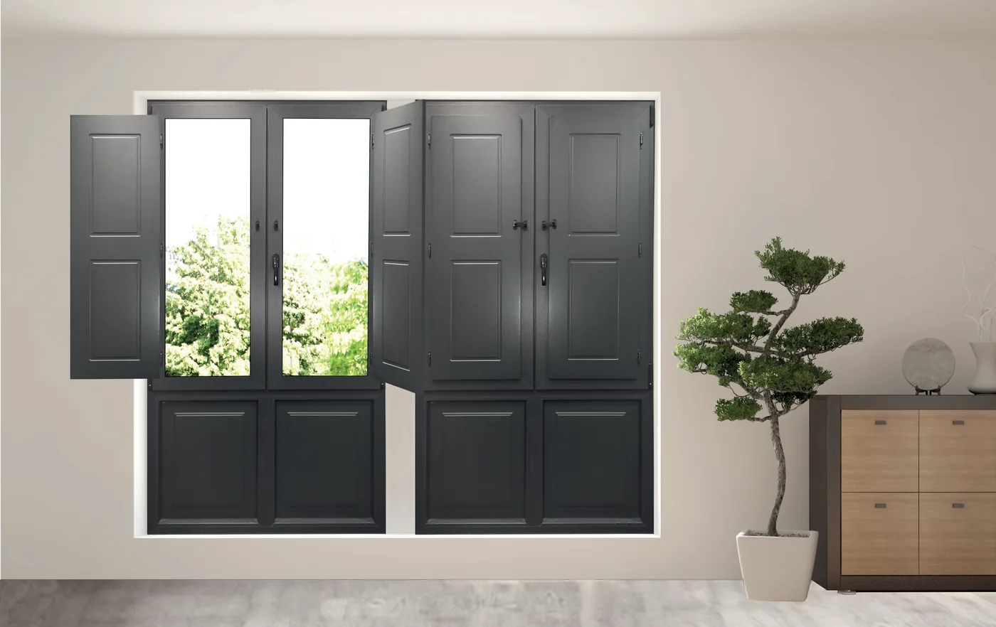 Porticons interiors d'alumini en gris antracita amb panells de relleu