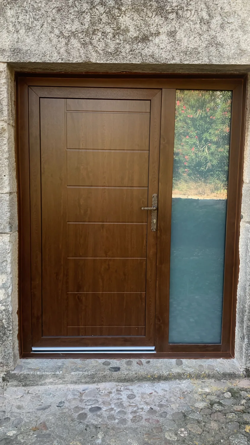 Portes i balconeres de PVC imitació fusta en una masia de pedra (9)