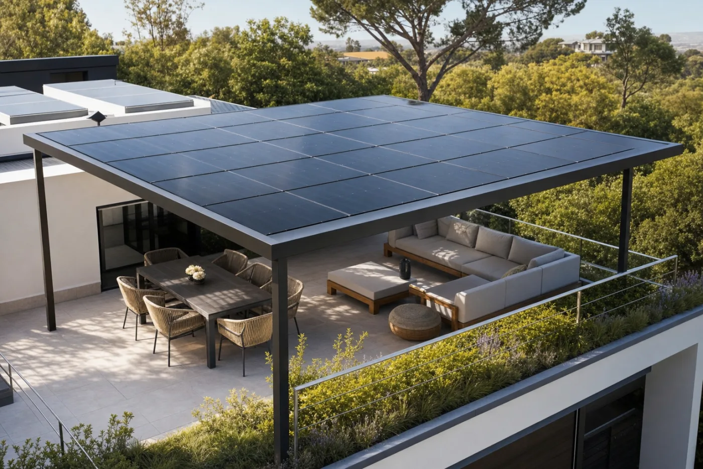 Cubierta de pérgola hecha con paneles solares fotovoltaicos generando energía en una terraza