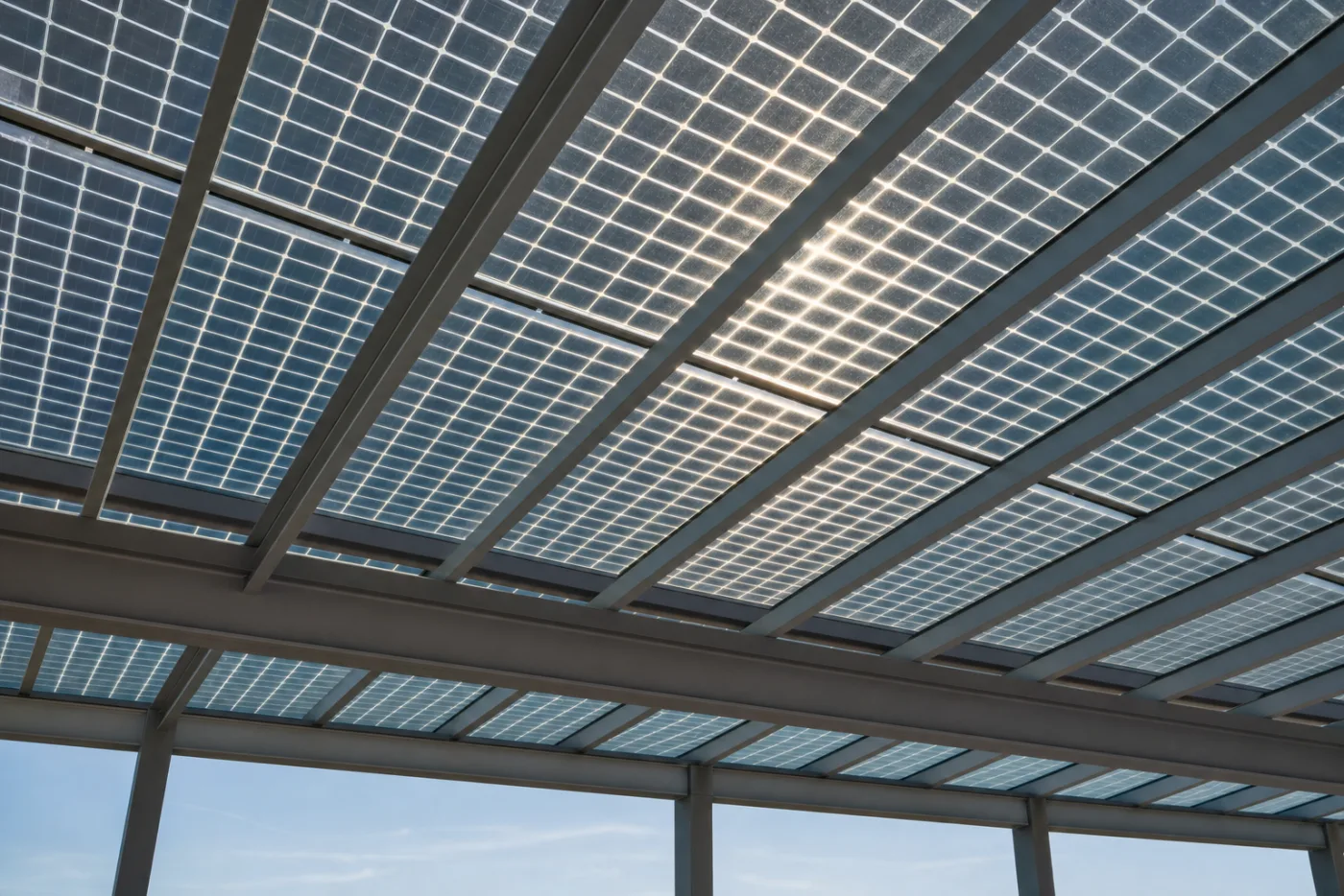 Detalle desde abajo de un techo de cristal fotovoltaico que deja pasar luz filtrada